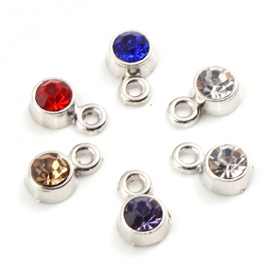 Picture of Zinc Based Alloy April Birthstone Charms Round Silver Tone Clear ss18 Rhinestone 8mm( 3/8") x 5mm( 2/8"), 50 PCs