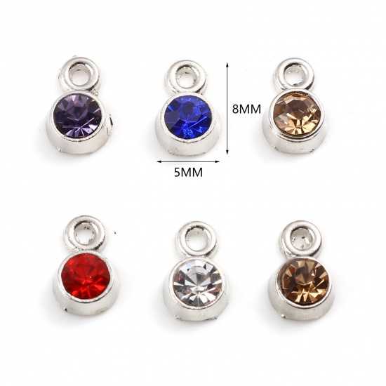 Picture of Zinc Based Alloy April Birthstone Charms Round Silver Tone Clear ss18 Rhinestone 8mm( 3/8") x 5mm( 2/8"), 50 PCs