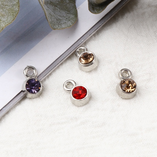 Picture of Zinc Based Alloy April Birthstone Charms Round Silver Tone Clear ss18 Rhinestone 8mm( 3/8") x 5mm( 2/8"), 50 PCs