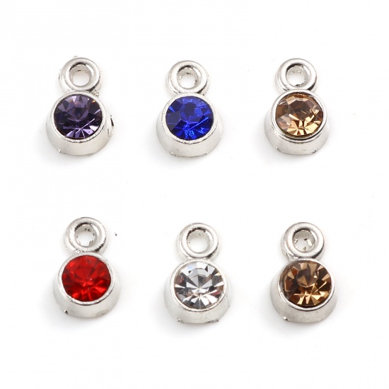 Picture of Zinc Based Alloy April Birthstone Charms Round Silver Tone Clear ss18 Rhinestone 8mm( 3/8") x 5mm( 2/8"), 50 PCs