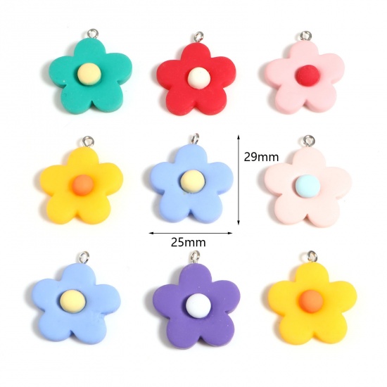 Picture of Resin Charms Flower Silver Tone Multicolor 29mm x 25mm, 10 PCs