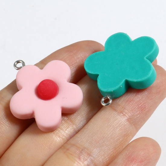 Picture of Resin Charms Flower Silver Tone Multicolor 29mm x 25mm, 10 PCs