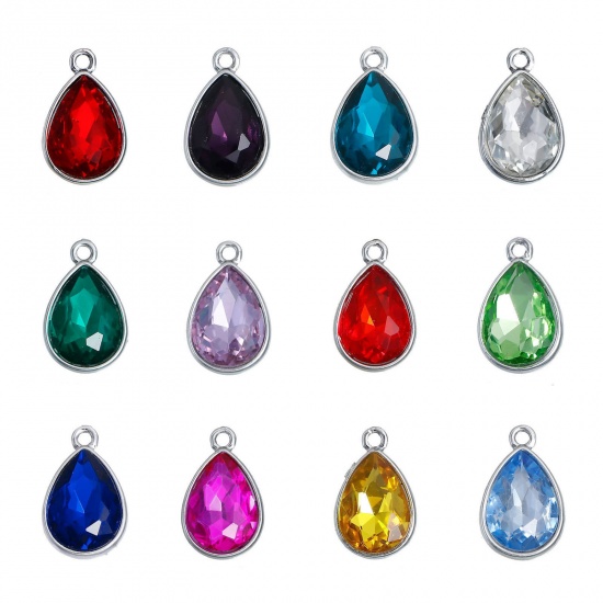 Picture of Apr Birthstone Charms Drop Silver Tone Clear Glass Rhinestone Faceted 19mm( 6/8") x 12mm( 4/8"), 10 PCs