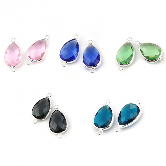 Picture of Zinc Based Alloy & Glass October Birthstone Connectors Drop Silver Plated Faceted Pink Rhinestone 26mm x 14mm, 5 PCs