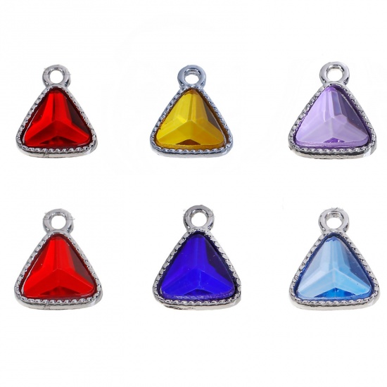 Picture of Zinc Based Alloy January Birthstone Charms Triangle Silver Tone Dark Red Glass Rhinestone 13mm( 4/8") x 11mm( 3/8"), 10 PCs