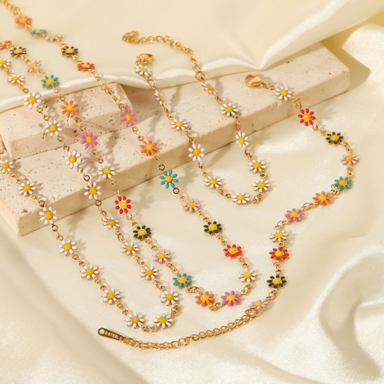 Picture of 304 Stainless Steel Ins Style Bracelets 18K Gold Plated Multicolor Daisy Flower Butterfly Enamel 17cm(6 6/8") long