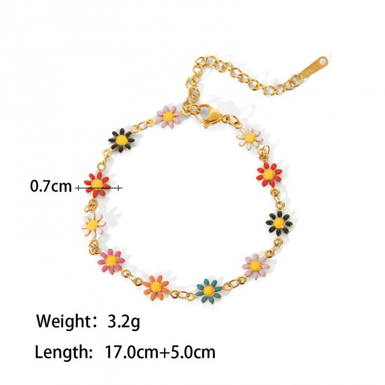 Picture of 304 Stainless Steel Ins Style Bracelets 18K Gold Plated Multicolor Daisy Flower Butterfly Enamel 17cm(6 6/8") long