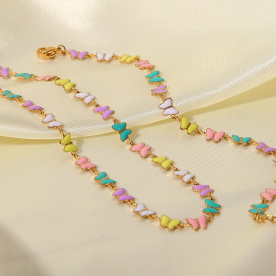 Picture of 304 Stainless Steel Ins Style Necklace Multicolor Daisy Flower Butterfly Enamel 40cm(15 6/8") long