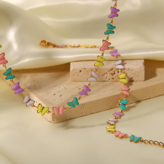 Picture of 304 Stainless Steel Ins Style Necklace Multicolor Daisy Flower Butterfly Enamel 40cm(15 6/8") long