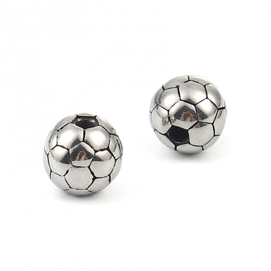 Bild von 304 Edelstahl Guss Perlen Fußball Antiksilber ca. 10mm D., Loch: ca. 1.6mm, 2 Stück
