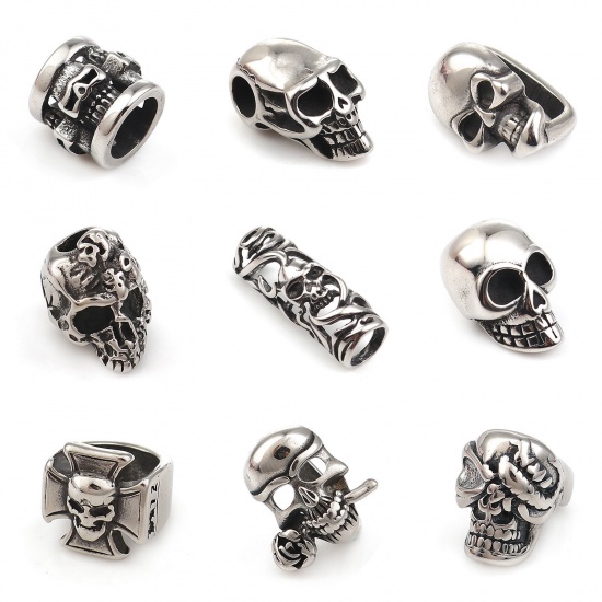 Изображение 304 Stainless Steel Casting Beads Skull Antique Silver Color 11mm x 10mm, Hole: Approx 6.1mm, 2 PCs