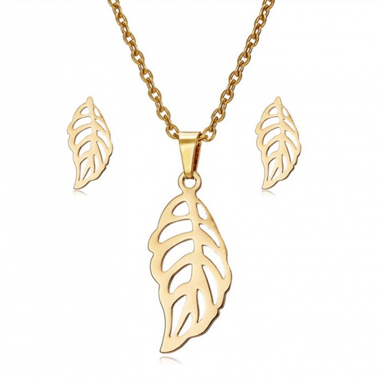 Picture of Stainless Steel Jewelry Necklace Earrings Set Gold Plated Butterfly Animal Round 44cm(17 3/8") long, 1cm( 3/8") x 1cm(3/8"), 1 Set