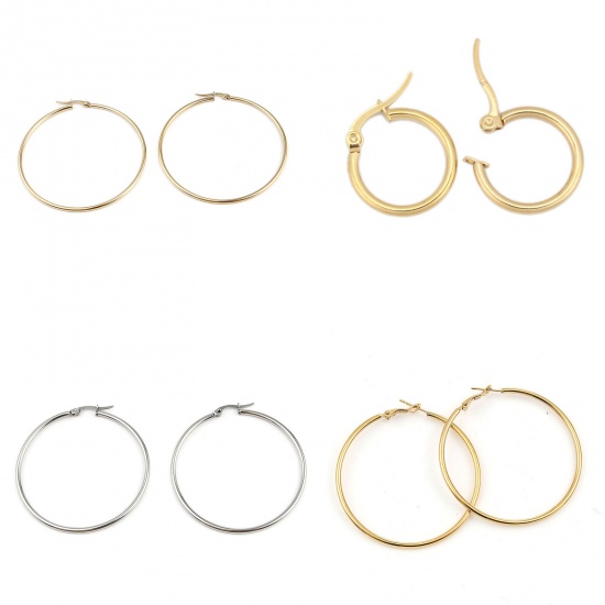 Picture of 304 Stainless Steel Hoop Earrings Gold Plated Circle Ring 66mm(2 5/8") x 63mm(2 4/8"), Post/ Wire Size: (21 gauge), 1 Pair