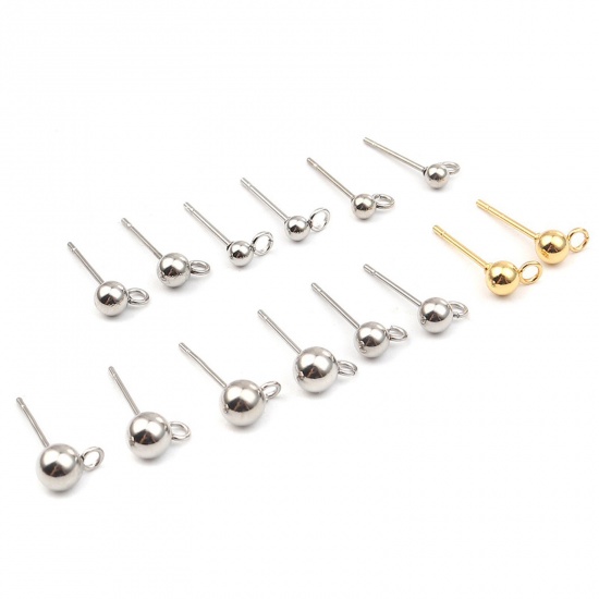 Picture of Stainless Steel Ear Nuts Post Stopper Earring Findings Silver Tone Round W/ Loop 7mm x 4mm, Post/ Wire Size: (21 gauge), 10 PCs