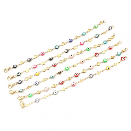 304 Stainless Steel Religious Bracelets Gold Plated Multicolor Evil Eye Cross 18.5cm(7 2/8") long, 1 Piece