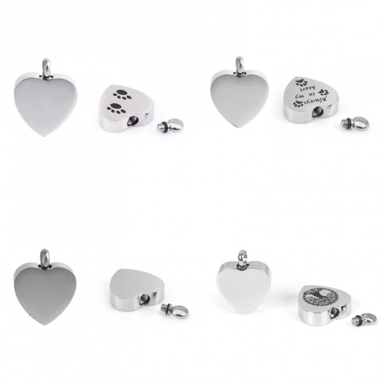 Picture of 304 Stainless Steel Cremation Ash Urn Charms Heart Bear Paw Print Silver Tone Black Blank Stamping Tags One Side 25mm x 20mm, 1 Piece