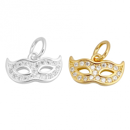 Изображение Sterling Silver Charms Gold Plated Mask Micro Pave W/ Loop Clear Rhinestone 10mm( 3/8") x 9mm( 3/8"), 1 Piece