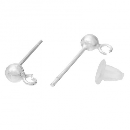 Изображение Sterling Silver Ear Post Stud Earrings Findings Ball Silver W/ Loop 14mm( 4/8") x 6mm( 2/8"), Post/ Wire Size: (20 gauge), 2 Pairs