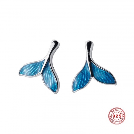 Image de Boucles d'Oreilles Puces en Argent Pur Argent Bleu Queue de Baleine Email 9mm x 8mm, 1 Paire