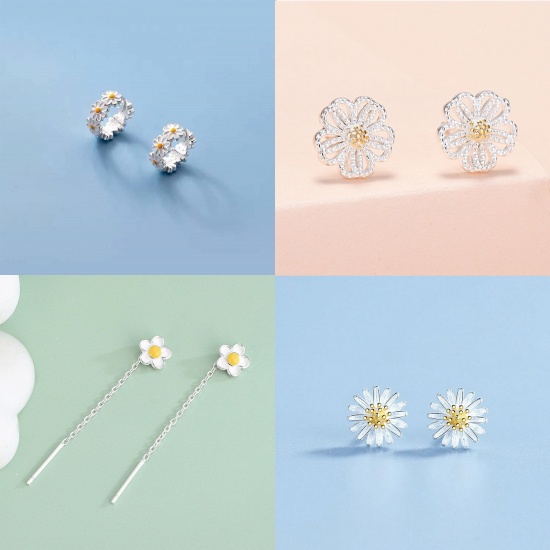 Picture of Brass Cute Earrings Platinum Plated Daisy Flower                                                                                                                                                                                                              