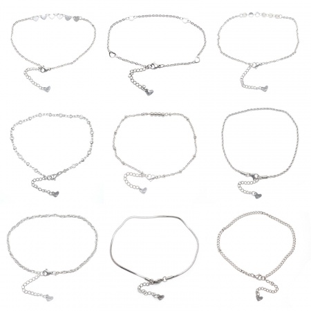 304 Stainless Steel Anklet Silver Tone Heart 23cm(9") long, 1 Piece