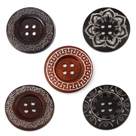 Picture of Wood Sewing Buttons Scrapbooking 4 Holes Round Multicolor Carved 6cm Dia.