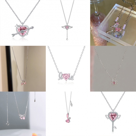 Picture of Copper Y2K Pendant Necklace Platinum Plated Heart Wing Pink Cubic Zirconia
