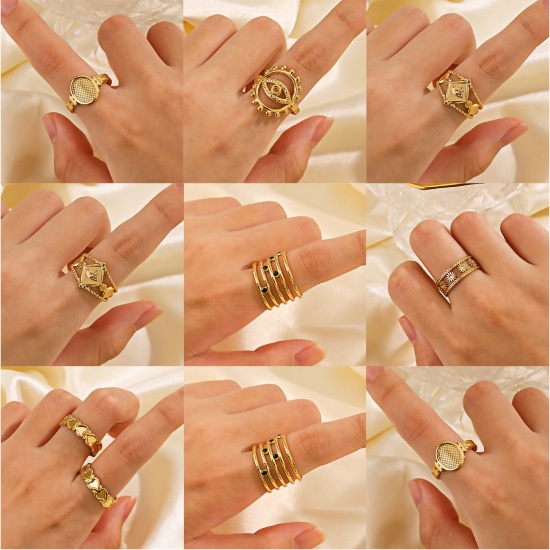 Picture of Eco-friendly Vacuum Plating Exquisite Ins Style 18K Gold Color 304 Stainless Steel Open Adjustable Flower Streak Rings For Women Party