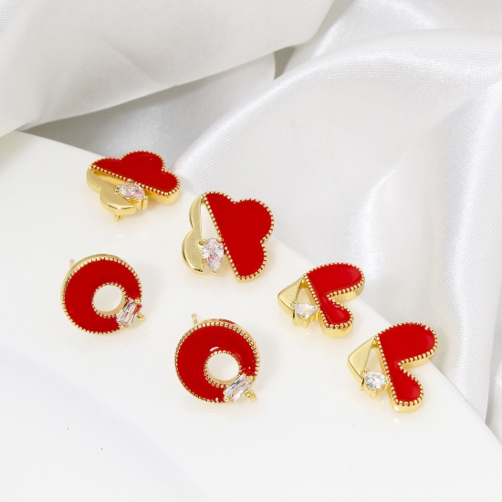 Immagine di Hypoallergenic Brass Cute Earring Accessories 18K Gold Plated Red Heart Enamel Clear Rhinestone