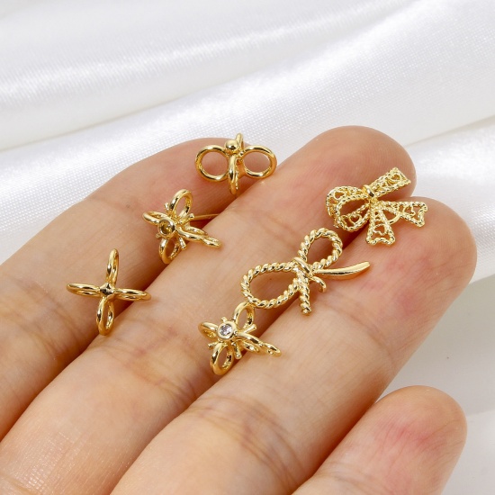 Picture of Eco-friendly Brass Exquisite Ear Post Stud Earring For DIY Jewelry Making Accessories 18K Gold Plated Bowknot Lace Clear Rhinestone
