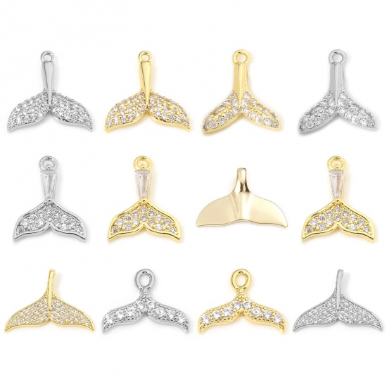 Immagine di 1 Piece Eco-friendly Brass Ocean Jewelry Charms Real Gold Plated Whale Tail Micro Pave Clear Cubic Zirconia