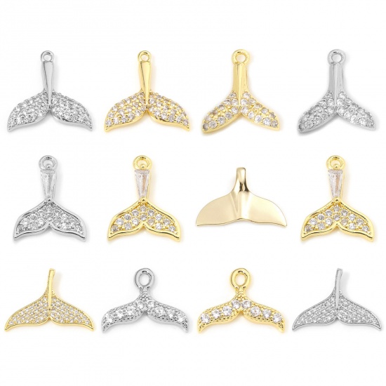 Picture of Eco-friendly Brass Ocean Jewelry Charms Real Gold Plated Whale Tail Micro Pave Clear Cubic Zirconia