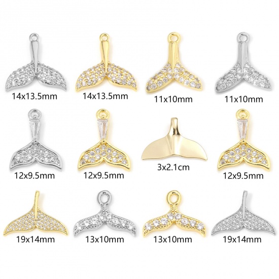 Picture of Eco-friendly Brass Ocean Jewelry Charms Real Gold Plated Whale Tail Micro Pave Clear Cubic Zirconia