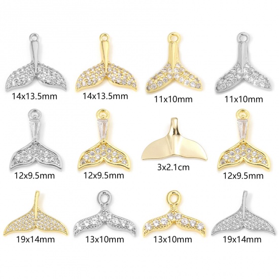 Immagine di 1 Piece Eco-friendly Brass Ocean Jewelry Charms Real Gold Plated Whale Tail Micro Pave Clear Cubic Zirconia