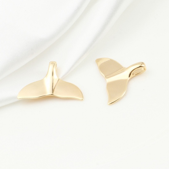 Picture of Eco-friendly Brass Ocean Jewelry Charms Real Gold Plated Whale Tail Micro Pave Clear Cubic Zirconia