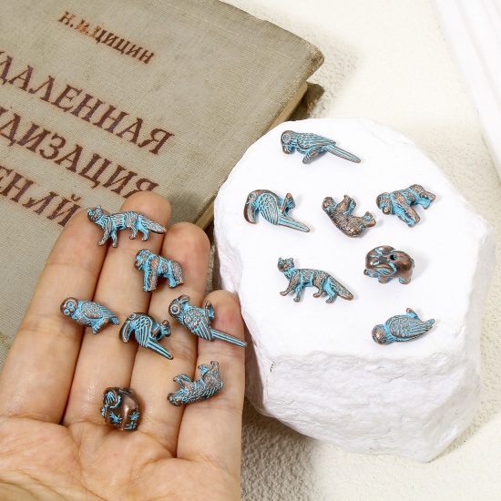 Picture of 20 PCs Zinc Based Alloy Patina Spacer Beads For DIY Charm Jewelry Making Antique Copper Blue Animal