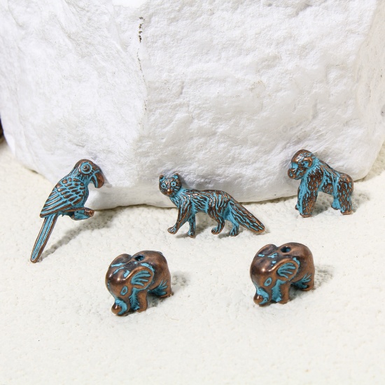 Picture of 20 PCs Zinc Based Alloy Patina Spacer Beads For DIY Charm Jewelry Making Antique Copper Blue Animal