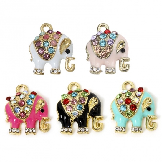 Picture of Zinc Based Alloy Charms Gold Plated Elephant Animal Enamel Multicolor Rhinestone
