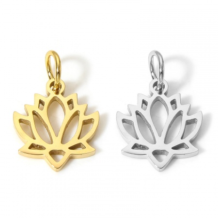 1 Stück Umweltfreundlich 304 Edelstahl Pastoraler Stil Charms Lotosblume Silberfarbe Hohl 14mm x 12mm