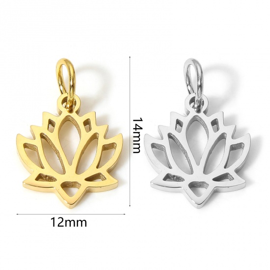 Bild von 1 Stück Umweltfreundlich 304 Edelstahl Pastoraler Stil Charms Lotosblume Silberfarbe Hohl 14mm x 12mm