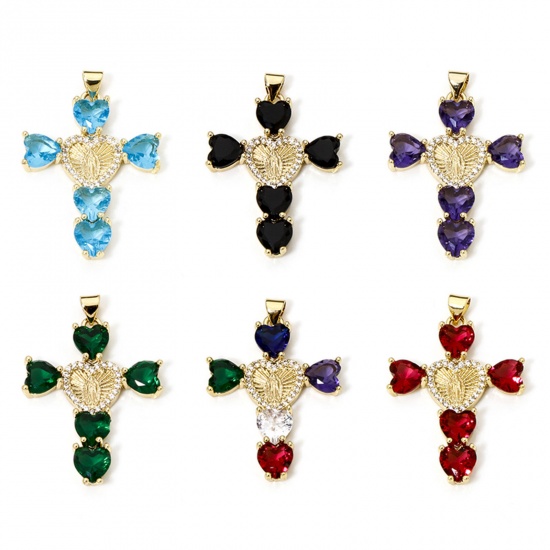 Immagine di 1 Pz Ottone Religione Ciondoli Pendenti Croce 18K Vero Oro Placcato Micro Spianare Multicolore Cubic Zirconiae 4cm x 2.7cm