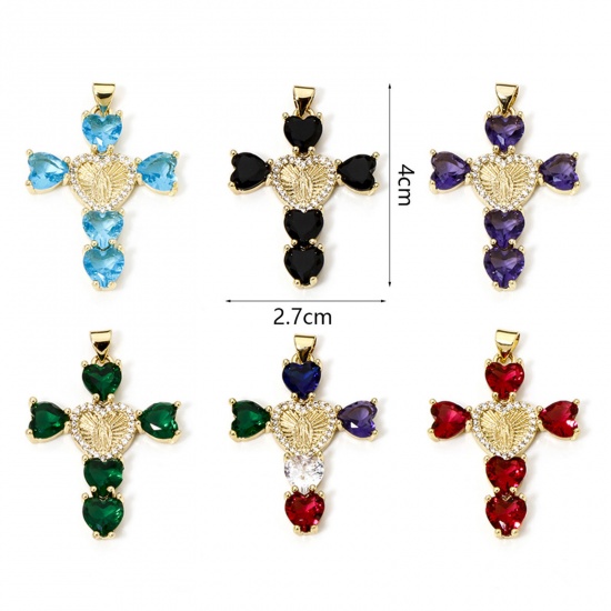 Immagine di 1 Pz Ottone Religione Ciondoli Pendenti Croce 18K Vero Oro Placcato Micro Spianare Multicolore Cubic Zirconiae 4cm x 2.7cm