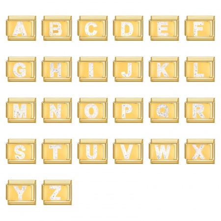 304 Edelstahl Großbuchstaben Charm-Armband mit italienischen Gliedern zur Herstellung von DIY-Schmuck Vergoldet Weiß Emaille Rechteck Message " A-Z " Paillette 10mm x 9mm