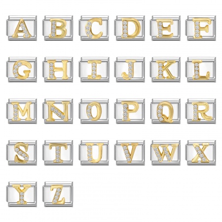304 Stainless Steel Capital Alphabet Initial Letter Name Italian Charm Links For DIY Bracelet Jewelry Making Silver Tone Golden Rectangle Message " A-Z " Clear Rhinestone 10mm x 9mm