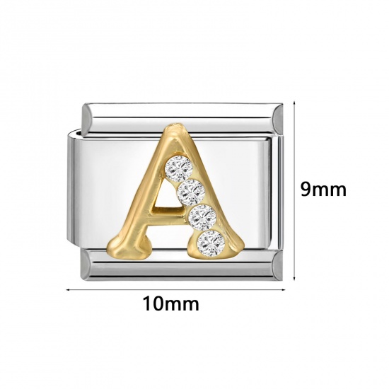 304 Stainless Steel Capital Alphabet Initial Letter Name Italian Charm Links For DIY Bracelet Jewelry Making Silver Tone Golden Rectangle Message " A-Z " Clear Rhinestone 10mm x 9mm の画像