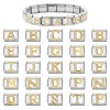 Picture of 304 Stainless Steel Capital Alphabet Initial Letter Name Italian Charm Links For DIY Bracelet Jewelry Making Silver Tone Golden Rectangle Message " A-Z " Clear Rhinestone 10mm x 9mm
