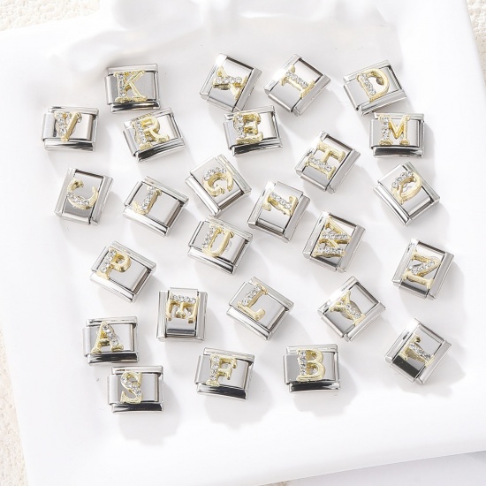 304 Stainless Steel Capital Alphabet Initial Letter Name Italian Charm Links For DIY Bracelet Jewelry Making Silver Tone Golden Rectangle Message " A-Z " Clear Rhinestone 10mm x 9mm の画像