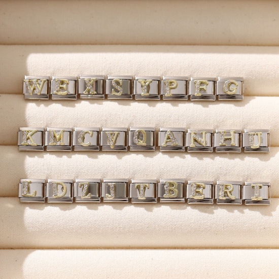 304 Stainless Steel Capital Alphabet Initial Letter Name Italian Charm Links For DIY Bracelet Jewelry Making Silver Tone Golden Rectangle Message " A-Z " Clear Rhinestone 10mm x 9mm の画像