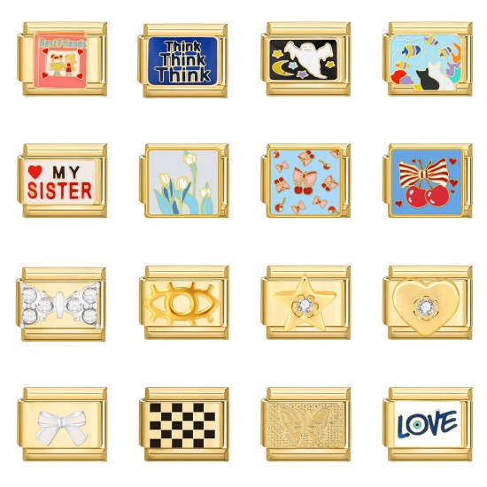 Picture of 304 Stainless Steel Italian Charm Links For DIY Bracelet Jewelry Making Gold Plated Rectangle 10mm x 9mm