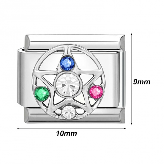 Picture of 1 Piece 304 Stainless Steel Italian Charm Links For DIY Bracelet Jewelry Making Silver Tone Rectangle Pentagram Star 10mm x 9mm